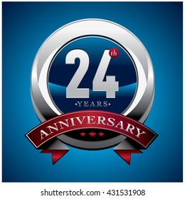 th anniversary logo with red ribbon. Anniversary signs illustration. Silver anniversary logo with red ribbon and circle ring