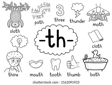 Th digraph spelling rule black and white educational poster for kids with words. Learning -th- phonics for school and preschool. Phonetic worksheet. Vector illustration