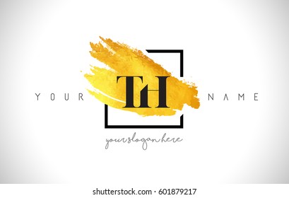 TH Golden Letter Logo Design with Creative Gold Brush Stroke and Black Frame.