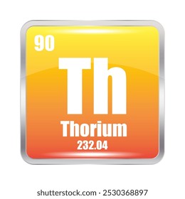 Th icon. Thorium element. Atomic number 90. Mass 232.04. Orange square background. Vector symbol.