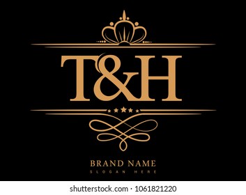 T&H Initial logo, Ampersand initial logo gold with crown and classic pattern