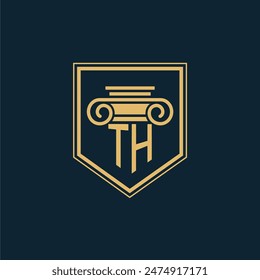 Logotipo del abogado del bufete de abogados de TH Initials con elemento de derecho creativo