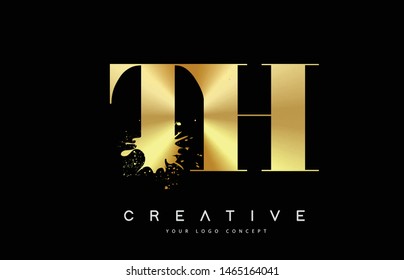 TH T H Letter Logo with Gold Melted Metal Splash Vector Design Illustration.