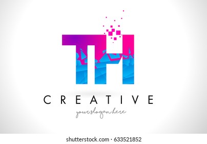 TH T H Letter Logo with Broken Shattered Blue Pink Triangles Texture Design Vector Illustration.