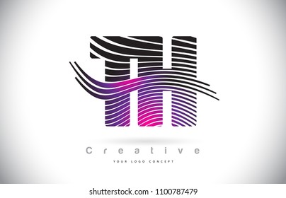TH T H Zebra Texture Letter Logo Design With Creative Lines and Swosh in Purple Magenta Color Vector.