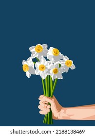 Tha Arm Holding Daffodil Bouquet. Vector Illustration. Bouquet 4