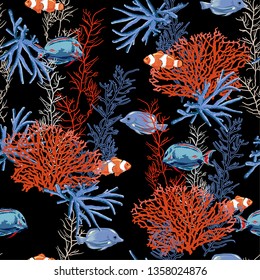 Tha dark ocean night Seamless pattern prints vector Hand drawn nautical sea treasure animal and coral design for fashion,fabric,web wallpaper and all prints on black