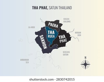 Tha phae Satun Amp into Tambon in a minimalist colorful style
