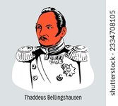 Thaddeus Bellingshausen - Russian navigator, admiral, one of the discoverers of Antarctica. Hand-drawn vector illustration 