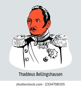 Thaddeus Bellingshausen - Russian navigator, admiral, one of the discoverers of Antarctica. Hand-drawn vector illustration 