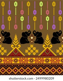 Thai abstract art for background, print, fabric, handmade, embroidery, Pixel pattern, seamless Geometric ethnic oriental, carpet, wallpaper, clothing, wrapping, fabric, and illustration embroidery.