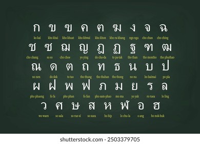 Thai alphabet chart featuring characters with English transliteration, displayed on a green background