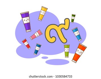 Thai alphabet number kow or nine  illustration character with colored tubes of paint