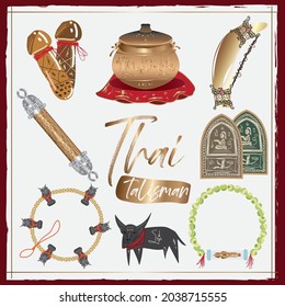 Thai amulets collection illustration. It's accessories for risk protection with get fortune. The talisman is made by vector.