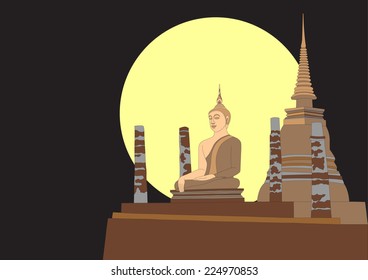 thai ancient buddha and archtecture with full moon