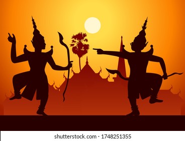 Thai ancient literature play of Ramaya called pantomine Rama or Vishnu ready to fight with king of giant,silhouette style,vector illustration