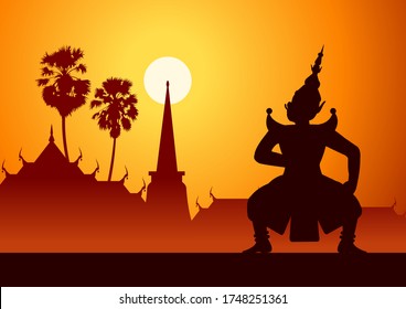 Thai ancient literature play of Ramaya called pantomine king of giant is angry,silhouette style,vector illustration