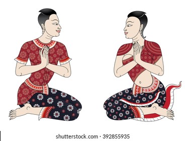 thai ancient people style in wall painting, sawasdee