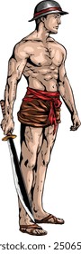Thai ancient warrior poses with his sword colored