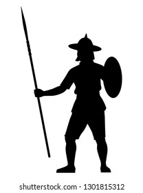 Thai ancient warrior with spear and shield silhouette vector