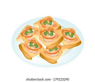 Thai Appetisers, Vector Illustration of Delicious Snack Fried Bread with Pork Spread in A White Dish Isolated on White Background. 