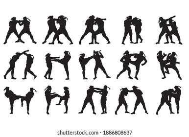 The Thai Art of Boxing, A Thai Heritage, Major Thai-style boxing winning card : 15 styles
 of  Mae Mai Muay Thai. vector silhouettes. Fully editable.