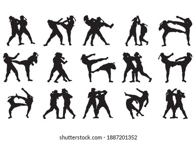 The Thai Art of Boxing, A Thai Heritage, Minor Thai-style boxing winning card : 15 styles
 of  Look Mai Muay Thai. vector silhouettes. Fully editable.