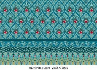 Thai Art Design - Elegant Teal and Red Lotus Motifs with Intricate Borders, Perfect for Cultural Decor, Textile Patterns, Traditional Southeast Asian Artwork, and Heritage-Inspired Creative Projects