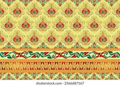 Thai Art Design - Intricate Golden Lotus Pattern with Red and Green Accents, Perfect for Cultural Decor, Textile Designs, Digital Prints, Heritage-Inspired Artwork, and Ornamental Creative Projects