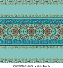 Thai Art Design - Intricate Mandala Motifs with Teal, Red, and Gold Accents, Symmetrical Borders on Aqua Background, Perfect for Cultural Decor, Textile Patterns, and Heritage-Inspired Artistic 