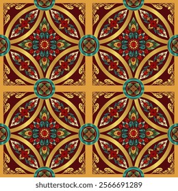 Thai Art Design - Luxurious Red and Gold Floral Motif with Teal Accents, Symmetrical Ornamental Pattern for Cultural Decor, Textile Designs, Heritage Artwork, and Traditional Southeast Asian Inspirati