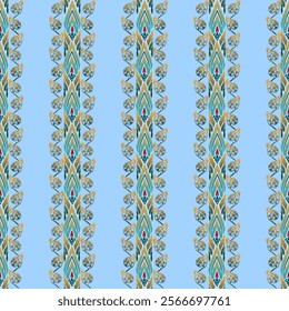 Thai Art Design - Vertical Ornamental Stripes with Gold and Teal Floral Motifs on Light Blue Background, Perfect for Textile Patterns, Cultural Decor, Digital Art Projects, and Traditional Aesthetic 
