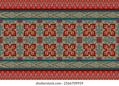 Thai Art Design - Vibrant Red and Gold Floral Motifs with Ornamental Borders and Teal Accents, Perfect for Textile Patterns, Cultural Decor, Heritage-Inspired Artwork, and Traditional Southeast Asian 