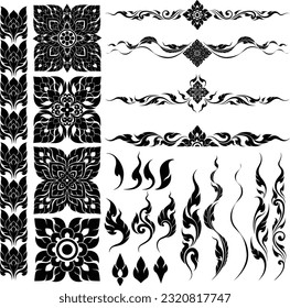 Thai art designs are silhouetted and used as additional decorative elements, including motifs, symbols, additional element  can be seen in the silhouettes of Thai art designs utilized as decorations.