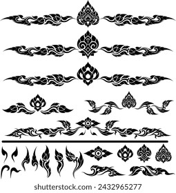 Thai art designs are silhouetted and used as extra decorative elements, including motifs, symbols, and other aspects, which may be seen in the silhouettes of Thai art designs used as decorations.