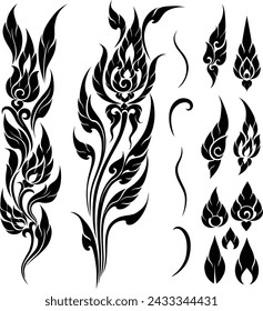 Thai art designs are silhouetted and used as extra decorative elements, including motifs, symbols, and other aspects, which may be seen in the silhouettes of Thai art designs used as decorations.