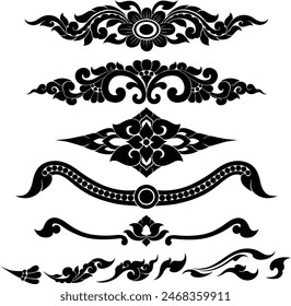 Thai art designs are silhouetted and used as extra decorative elements, including motifs, symbols, and other aspects, which may be seen in the silhouettes of Thai art designs used as decorations.