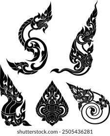 Thai art designs are silhouetted and used as extra decorative elements, including naga which may be seen in the silhouettes of Thai art designs used as decorations.