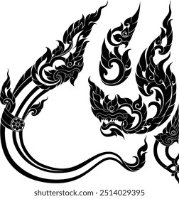 Thai art designs are silhouetted and used as extra decorative elements, including naga which may be seen in the silhouettes of Thai art designs used as decorations.