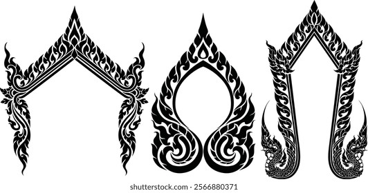 Thai art designs are silhouetted and used as extra decorative elements, including motifs, symbols, and other aspects, which may be seen in the silhouettes of Thai art designs used as decorations.