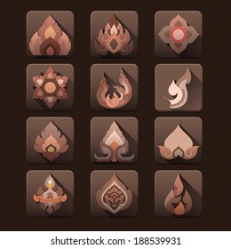 Thai art flat icons vector collection with long shadow effect in stylish colors of web design objects, and marketing items.