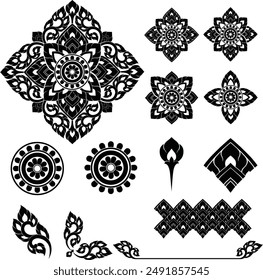 Thai art is flat illustrations with silhouette patterns with motifs and elements that are seen in the Thai pattern designs' silhouettes that use as decorations for asian style, luxury, royal, temples.