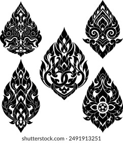 Thai art is flat illustrations with silhouette patterns with motifs and elements that are seen in the Thai pattern designs' silhouettes that use as decorations for asian style, luxury, royal, temples.