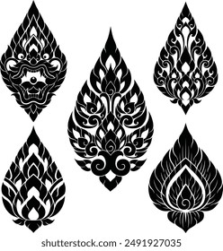 Thai art is flat illustrations with silhouette patterns with motifs and elements that are seen in the Thai pattern designs' silhouettes that use as decorations for asian style, luxury, royal, temples.