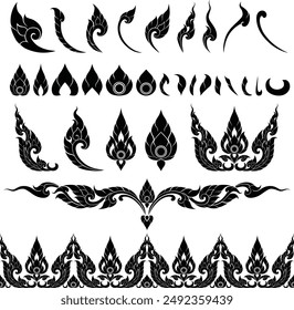 Thai art is flat illustrations with silhouette patterns with motifs and elements that are seen in the Thai pattern designs' silhouettes that use as decorations for asian style, luxury, royal, temples.