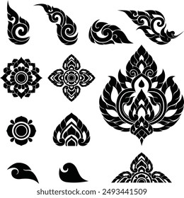 Thai art is flat illustrations with silhouette patterns with motifs and elements that are seen in the Thai pattern designs' silhouettes that use as decorations for asian style, luxury, royal, temples.