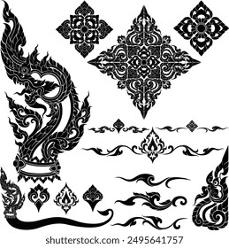 Thai art is flat illustrations with silhouette patterns with motifs and elements that are seen in the Thai pattern designs' silhouettes that use as decorations for asian style, luxury, royal, temples.