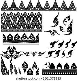 Thai art is flat illustrations with silhouette patterns with motifs and elements that are seen in the Thai pattern designs' silhouettes that use as decorations for Asian style, luxury, royal, temples.