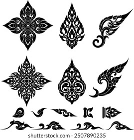 Thai art is flat illustrations with silhouette patterns with motifs and elements that are seen in the Thai pattern designs' silhouettes that use as decorations for Asian style, luxury, royal, temples.