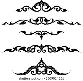 Thai art is flat illustrations with silhouette patterns with motifs and elements that are seen in the Thai pattern designs' silhouettes that use as decorations for Asian style, luxury, royal, temples.